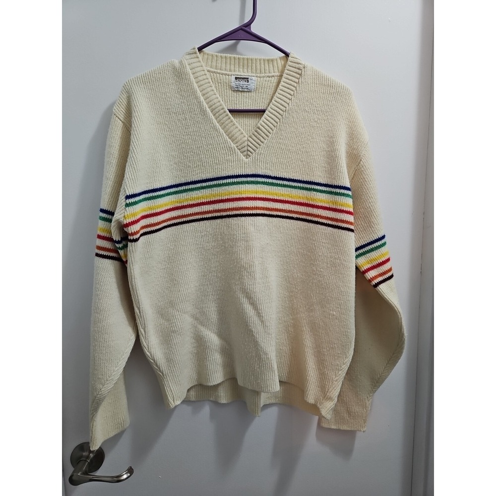 Vintage Montgomery Ward Women's sweater Rainbow Stripe Size Large Cream Y2k Vibe
